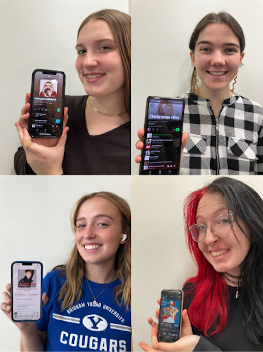 From top left: Kate Hinckley, Bethany Stewart, Grace Fredrick, and Katelyn Garner showing off their Christmas playlists. 
Photo Credit: Gabi Boyden 